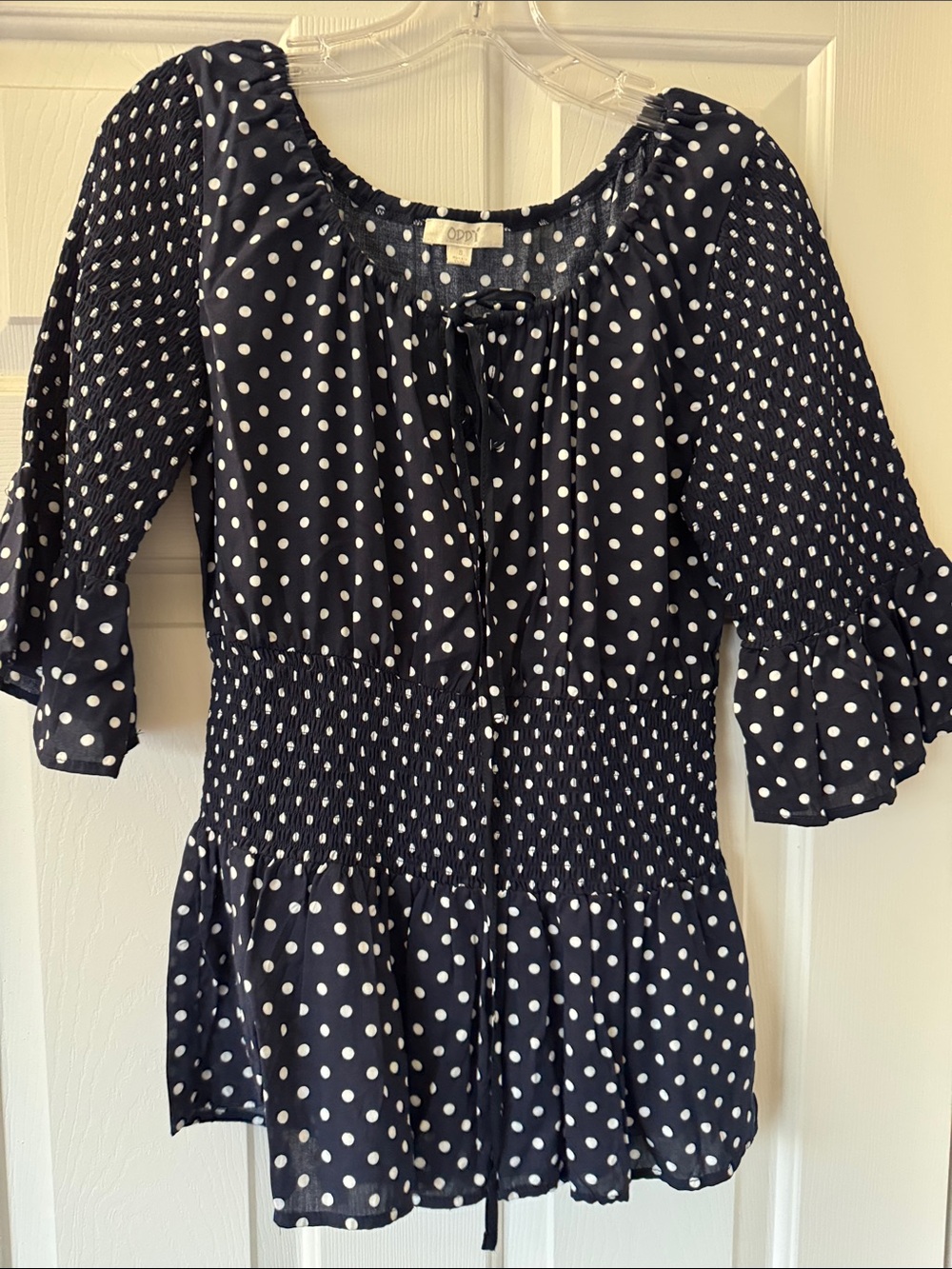ODDY Navy and White Polka Dot Smocked Peasant Top